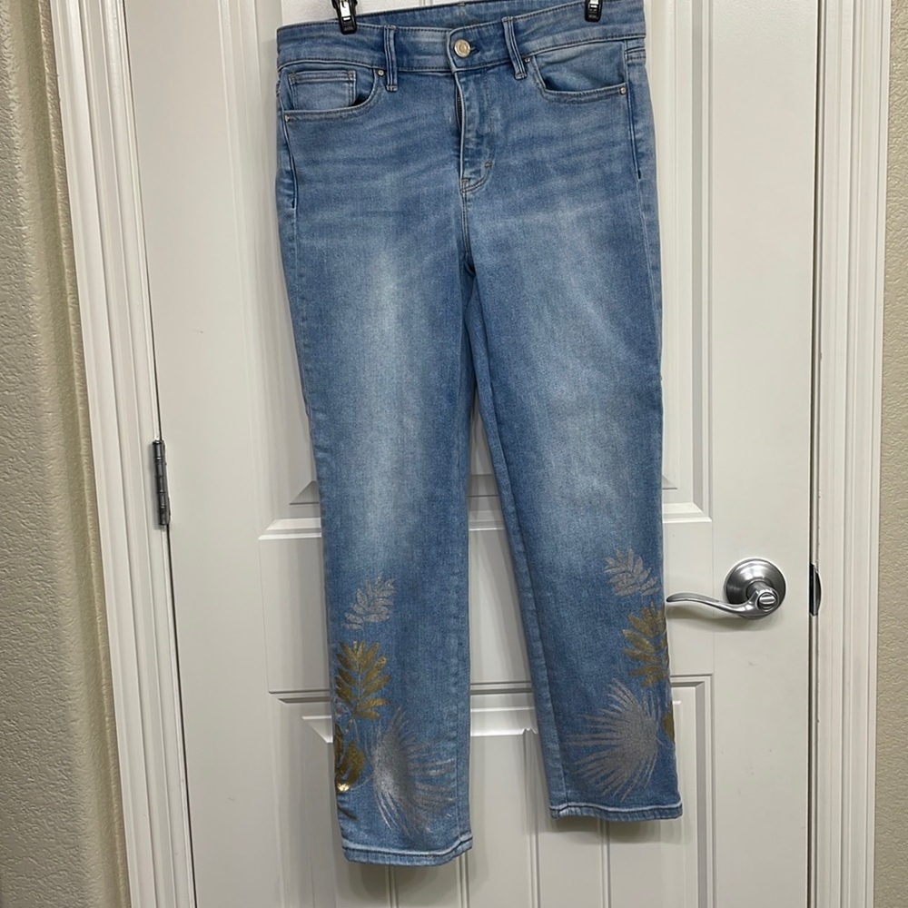 White House Black Market Mid Rise Slim Crop Jeans Size 4 Foil Design Boho
